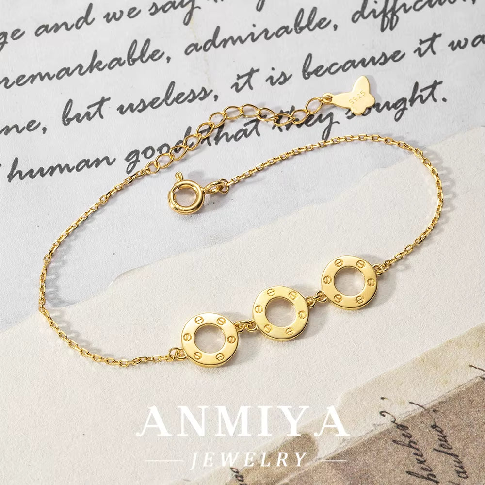 ANMIYA French Luxury Bracelet Three Hollow Out round Shape 18K Gold Friendship Bracelet 925 Silver