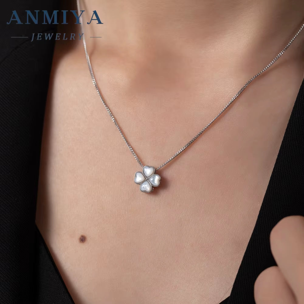 ANMIYA 925 Sterling Silver Jewelry New Trendy White Shell Four Leaf Clover Necklace for Women Wedding Party Engagement