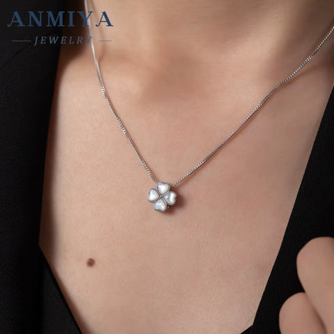 ANMIYA 925 Sterling Silver Jewelry New Trendy White Shell Four Leaf Clover Necklace for Women Wedding Party Engagement