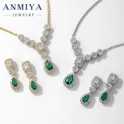 Fashionable Best Selling Emerald Zircon 925 Silver 18K Gold Necklace Pendant Jewelry Water Resistant Necklace Earrings Set
