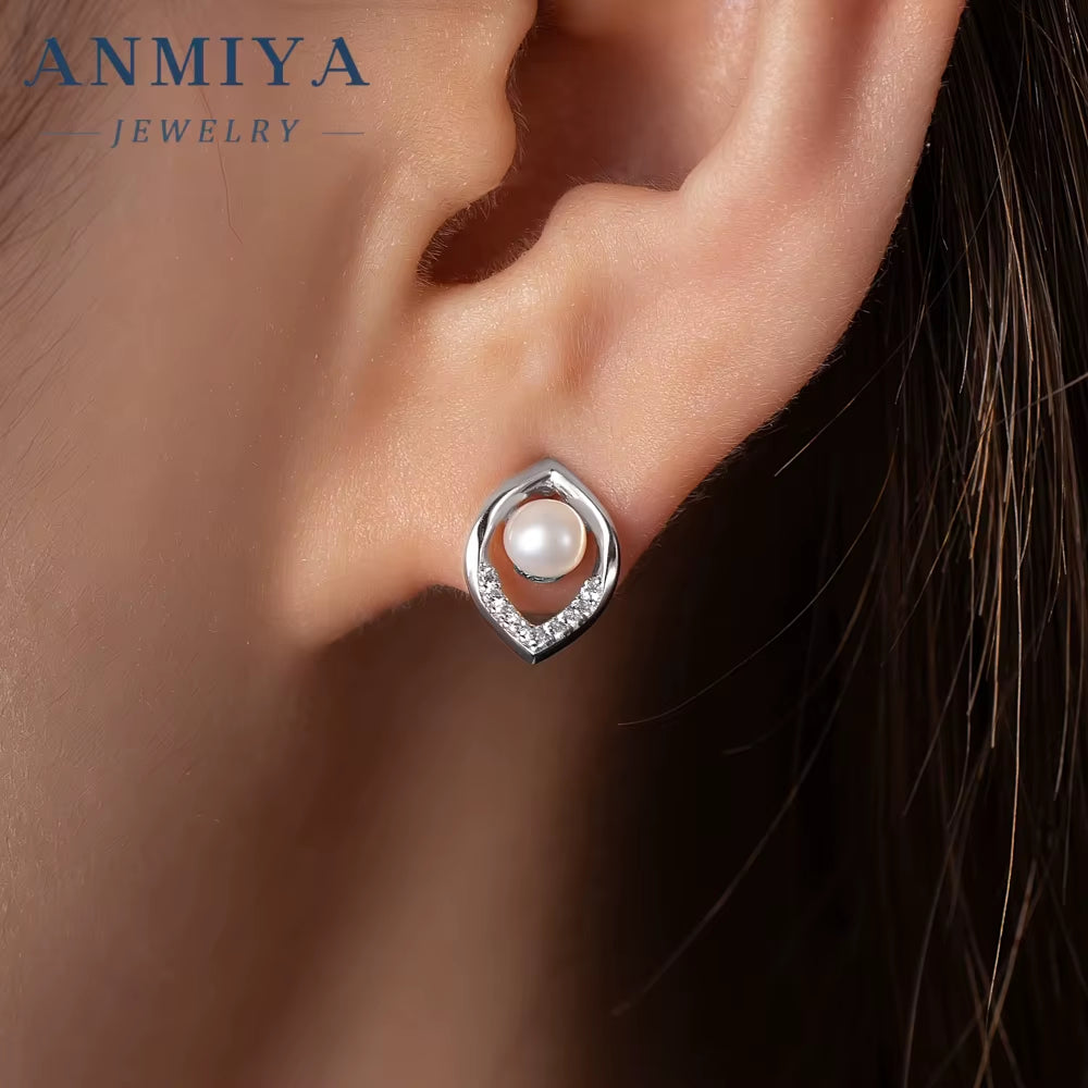 ANMIYA S925 Geometry Lake Fresh Water Pearl Earrings Glamorous White Earings Jewelry Women