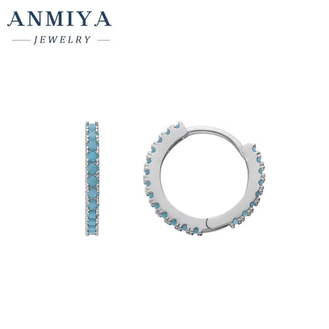 ANMIYA 925 Sterling Silver Hoop Earing 5A Zircon Blue Earrings Jewelry Earrings for Women