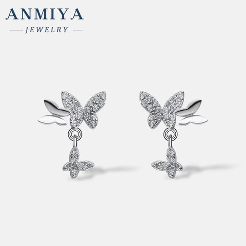 ANMIYA Minimalist Simple Zircon Butterfly Hypoallergenic 925 Sterling Silver Stud Earrings
