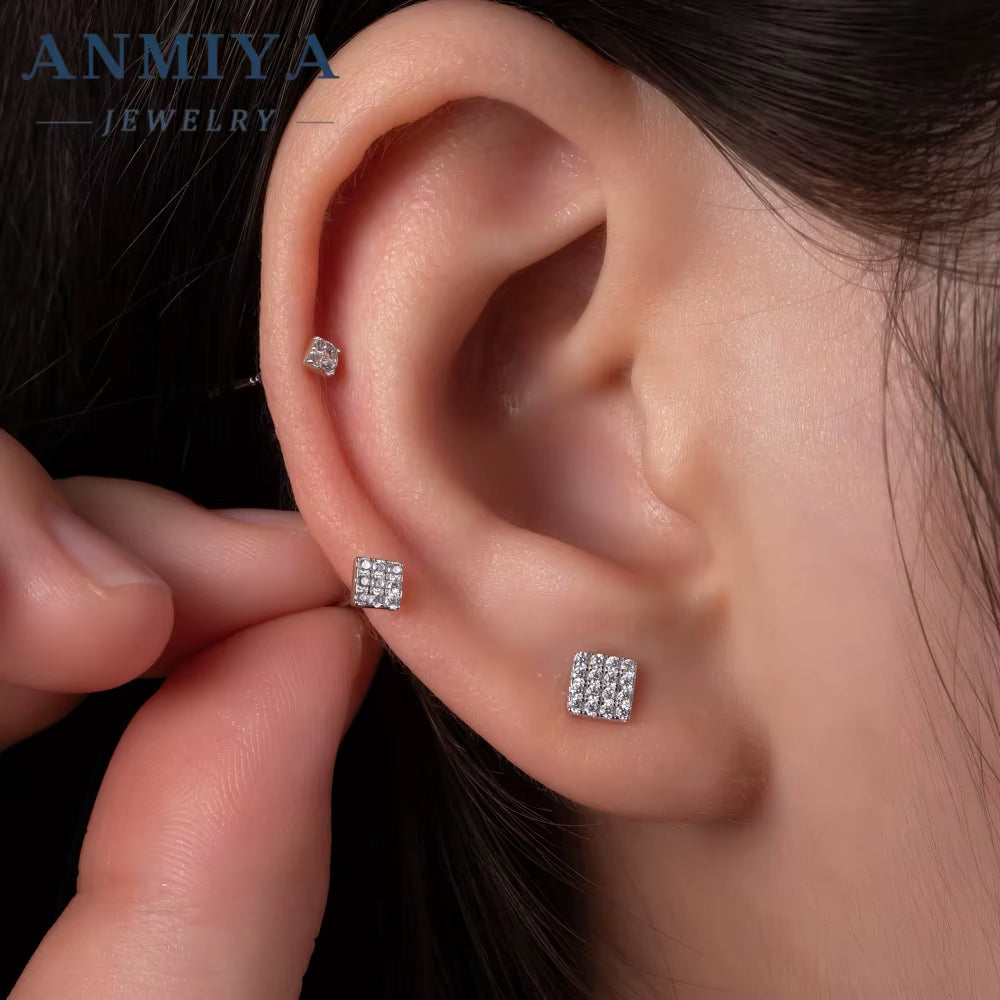 ANMIYA Square Shape Diamond 3PCS Set Stud Earrings Zircon 925 Silver Fine Jewelry Earrings for Women Girl
