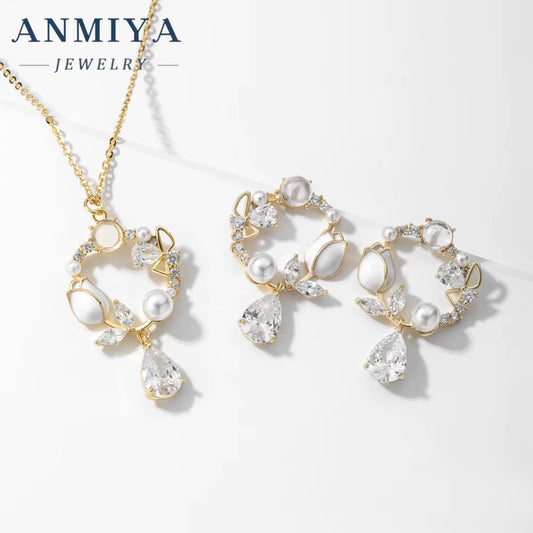 Wholesale Lovely Garland Pearl Flower Earrings Sweet Flower Circle round Stud Earrings Necklace for Women