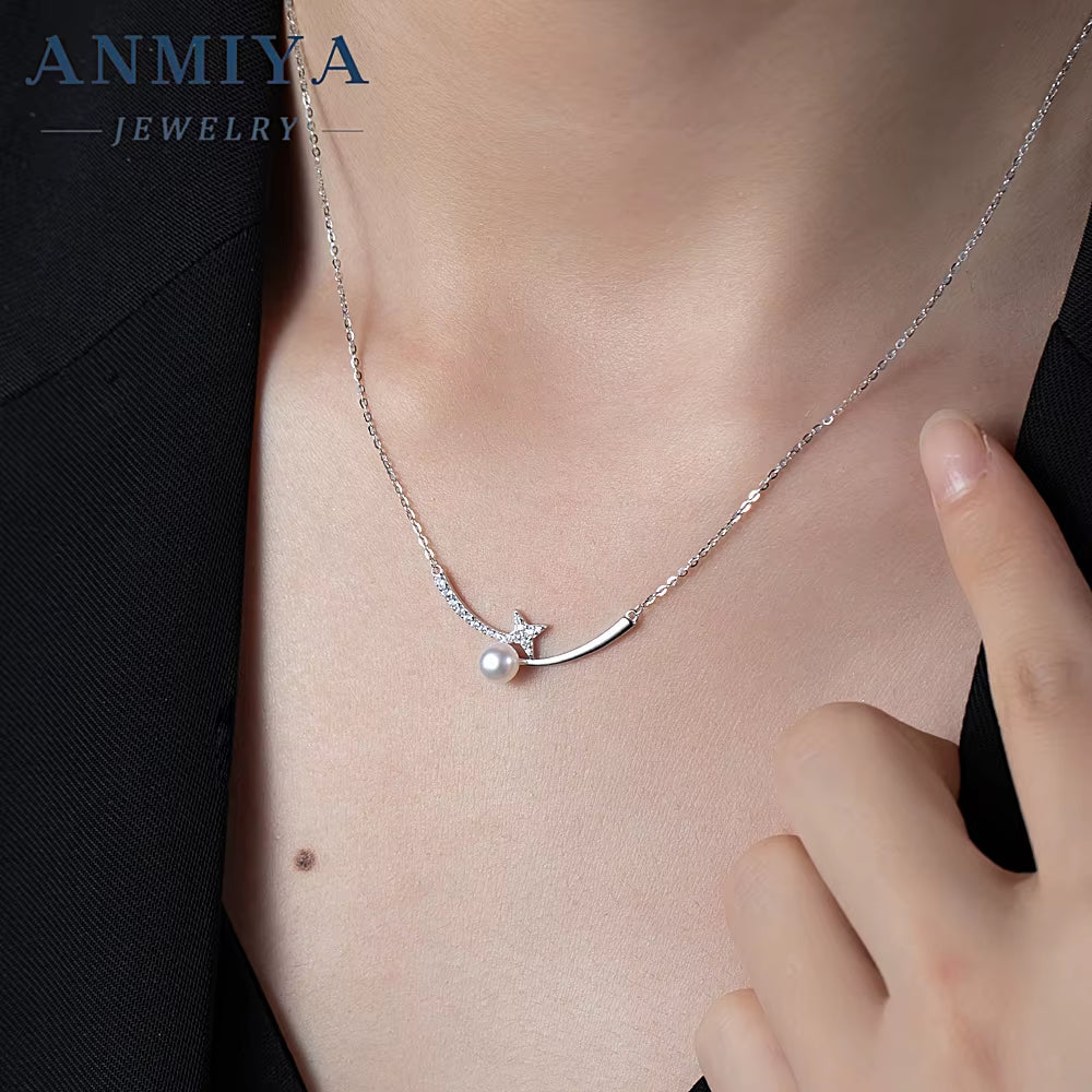 Fashion Chains Necklaces S925 Silver Star and Nature Fresh Water Pearls Collarbone Necklace for Bestfriend Jewelry