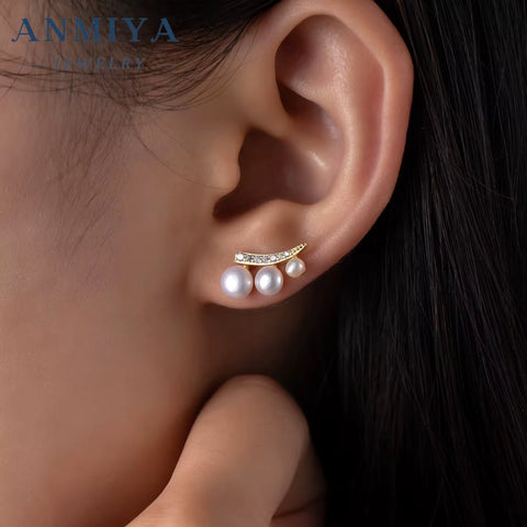 Classic 18K Gold Plated Zircon Stud Earrings Natural White Freshwater Pearls Earrings for Women Silvers Jewelry with Pearl Ear
