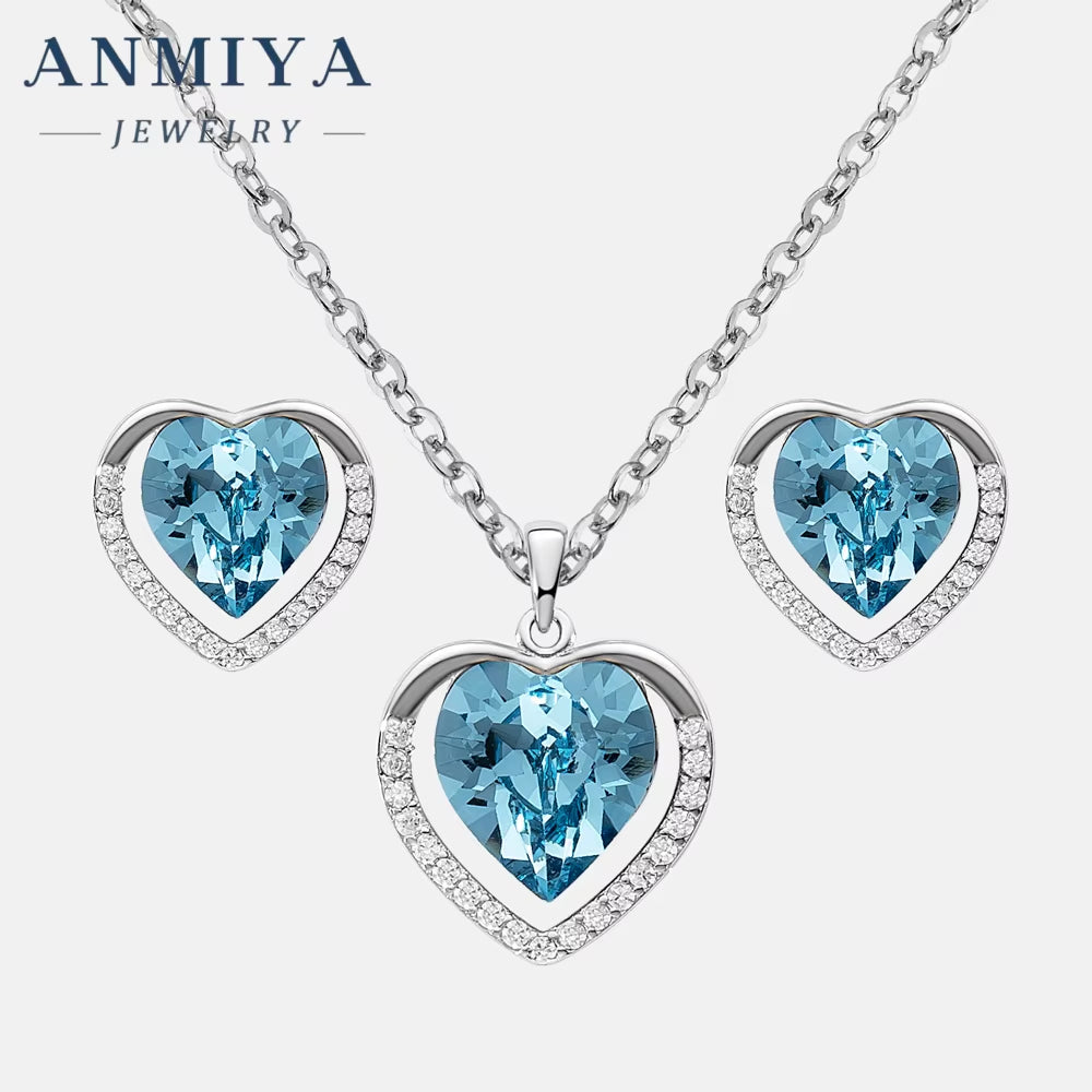 ANMIYA Delicate 2 Set Sapphire Heart Earrings Sparkling Cubic Zirconia CZ Blue Ocean Heart Necklace Jewelry Set