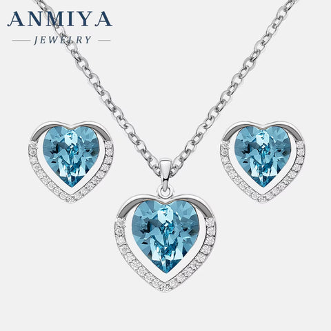 ANMIYA Delicate 2 Set Sapphire Heart Earrings Sparkling Cubic Zirconia CZ Blue Ocean Heart Necklace Jewelry Set