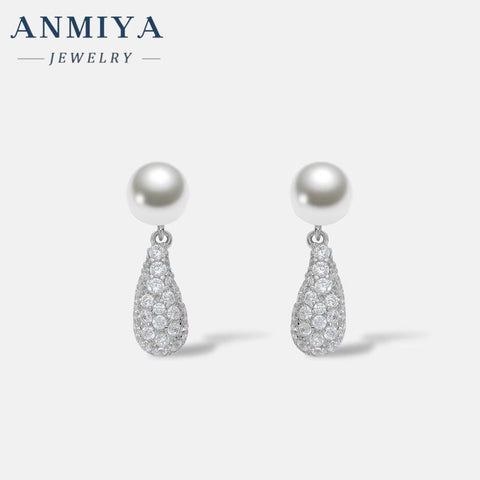 Women Fine Jewelry 925 Sterling Silver Earrings Fresh Water Pearl Zircon Drop Shape Ear Earrings Waterproof