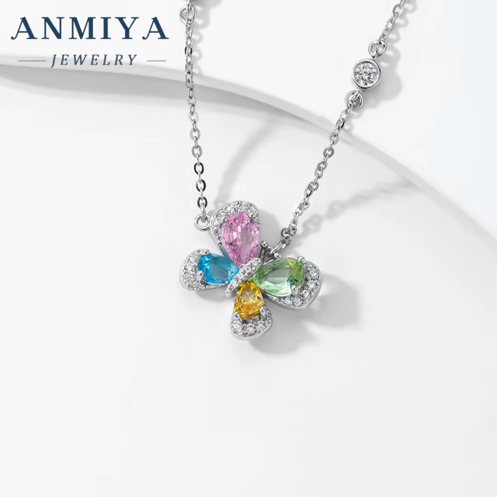 ANMIYA Unique Colorful Zircon 925 Sterling Silver Fashion Jewelry Necklace for Women Girl