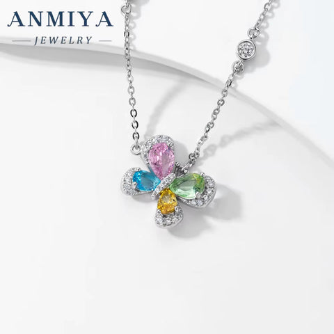 ANMIYA Unique Colorful Zircon 925 Sterling Silver Fashion Jewelry Necklace for Women Girl