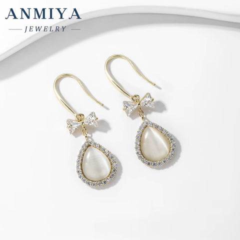 ANMIYA Fine Jewelry 925 Sterling Silver Water Drop Zircon with Bow Gold Plated 18K Hook Earrings