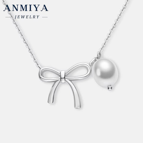 925 Sterling Silver Gold Bow Pearl Necklace for Bowknot Sweet Unique Design Fashion Elegant Style