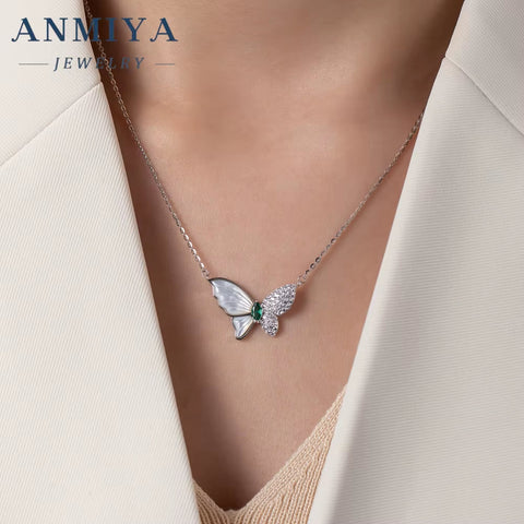 ANMIYA Butterfly Chain Crafted 925 Sterling Silver Necklace Fashion Green Zircon Jewelry Necklaces for Women