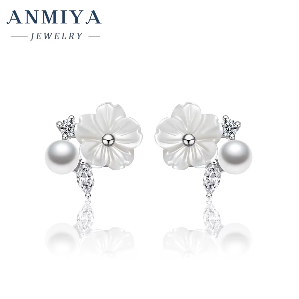 ANMIYA Dainty Sterling 925 Silver White Flower Pearl Cubic Zircon Vintage Earrings for Women