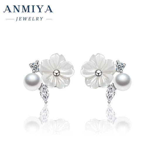 ANMIYA Dainty Sterling 925 Silver White Flower Pearl Cubic Zircon Vintage Earrings for Women
