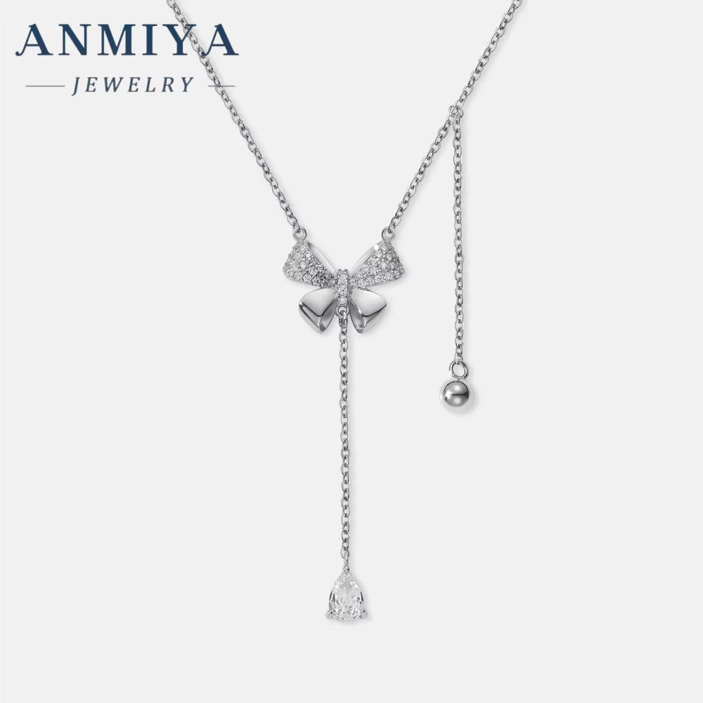 ANMIYA INS Butterfly Pendant Necklace 925 Silver Zircon Crystal Tassel Elegant Butterfly Necklaces for Women Girls