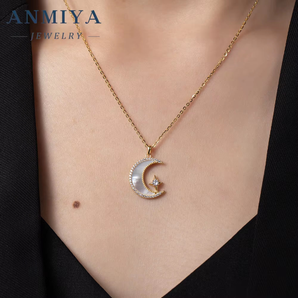 Fine Moon Shape Pendant White Shell Gold Plated Necklace Fashion 925 Silver Jewelry for Women Wholesale