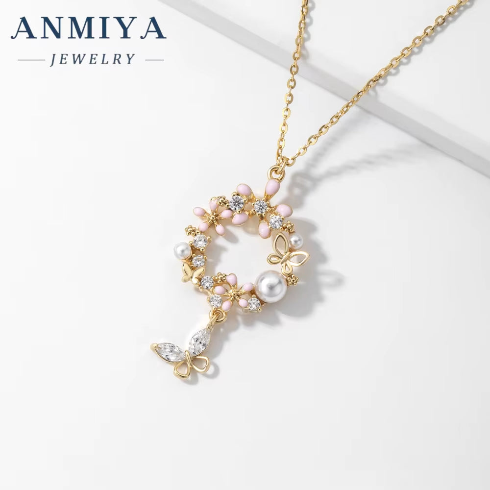 ANMIYA Fine Jewelry Butterfly Garland Fresh Water Pearl Statement Designer Cubic Zirconia 925 Silver Earrings Set Necklace