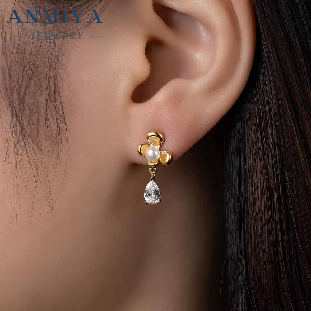 Custom 925 Sterling Silver Jewelry Set Freshwater Pearl Necklace Earrings Trendy Four Leaf Clover Fashion Necklace OEM