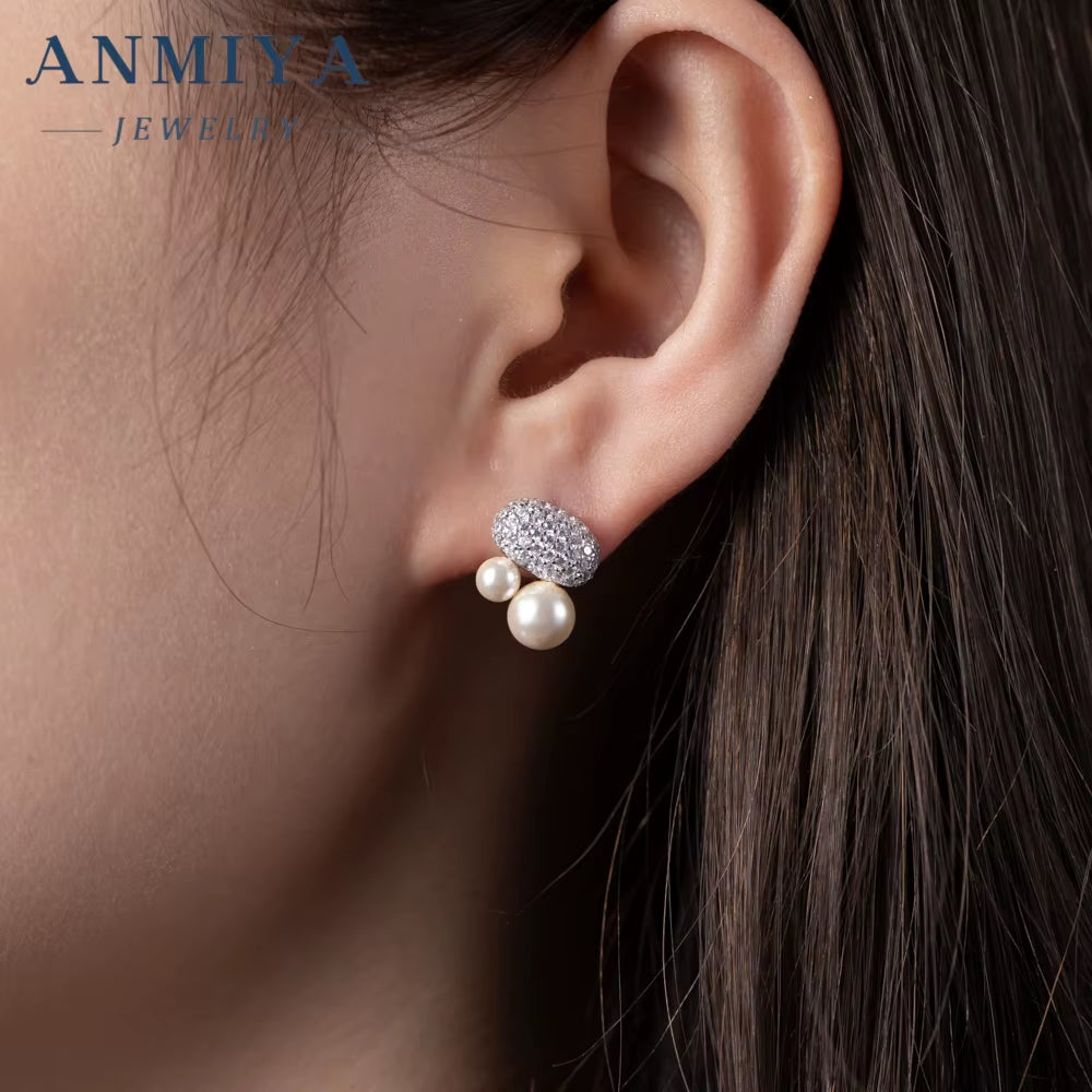 Fine Jewelry Earrings S925 Silver Big Diamond Rhinestone Double Pearl Cubic Zirconia Pearl Earrings