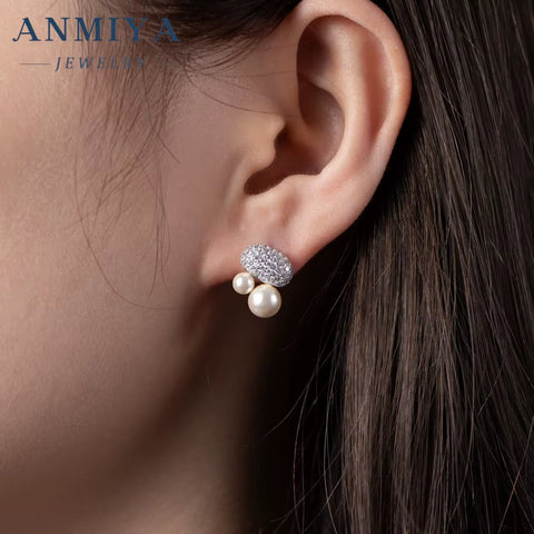 Fine Jewelry Earrings S925 Silver Big Diamond Rhinestone Double Pearl Cubic Zirconia Pearl Earrings