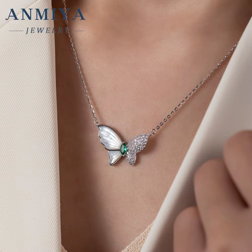 ANMIYA Butterfly Chain Crafted 925 Sterling Silver Necklace Fashion Green Zircon Jewelry Necklaces for Women