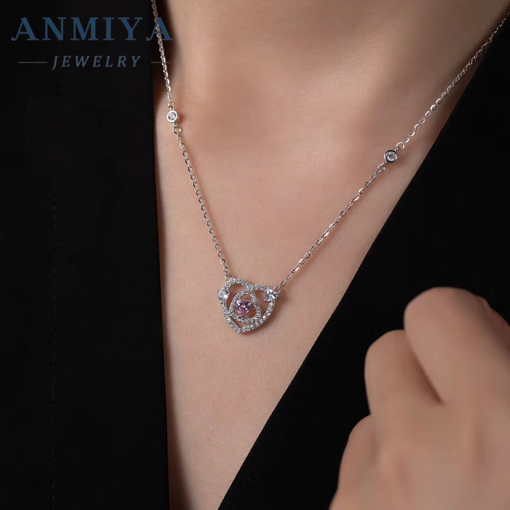 Popular Sterling Silver 925 Fashion Love Heart Jewelry Heart Cut Hollow Pink Stone Zircon Pendant Necklace for Women
