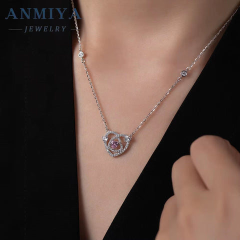 Popular Sterling Silver 925 Fashion Love Heart Jewelry Heart Cut Hollow Pink Stone Zircon Pendant Necklace for Women