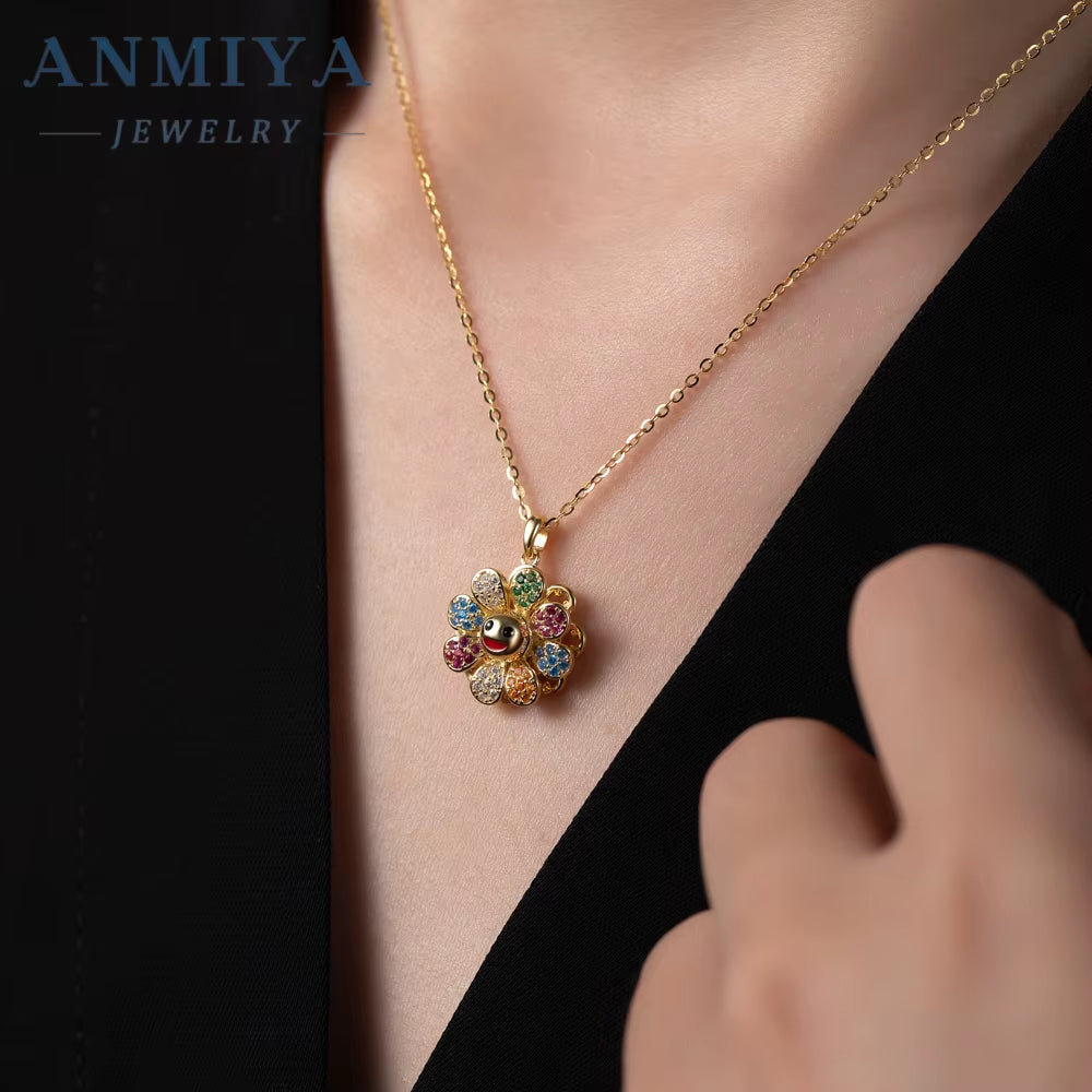 Takashi Murakami Diamond-Encrusted Sun Flower Pendant 925 Silver Necklace Trendy Men'S Hip Hop Glitter Pink Rotatable Collars