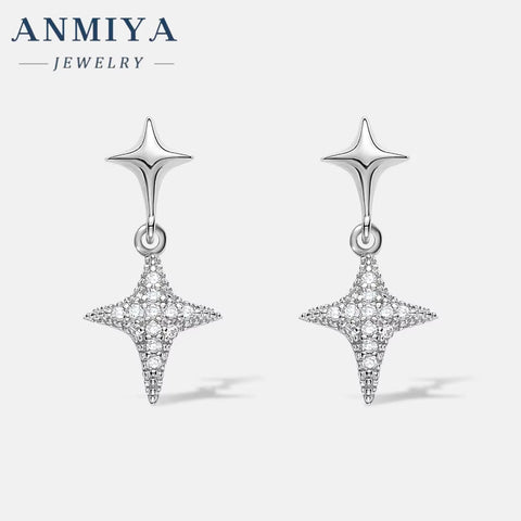 ANMIYA New Tide 925 Sterling Silver Hypoallergenic Minimalist Star Drop Inlaid 18K Gold Zircon Women'S Stud Earrings