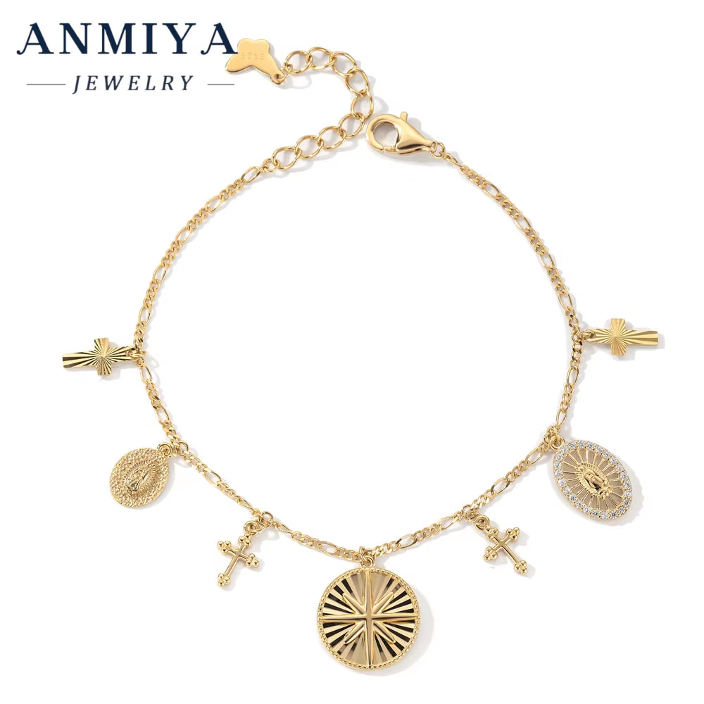 ANMIYA Christian Catholic Religious Bracelet 925 Silver 18K Gold Jesus Cross Bracelet