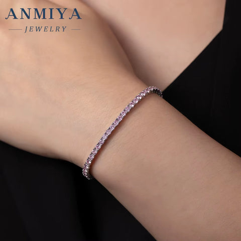 ANMIYA 925 Silver Zircon Pink Blue Tennis Chain Bracelet Hip Hop Jewelry Gold Silver Material Women CZ Bracelet Iced Out