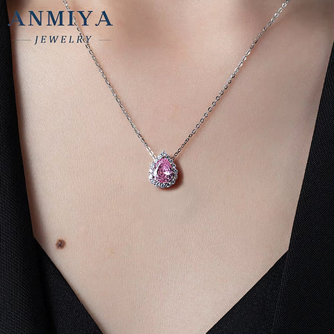 Fine Jewelry 925 Sterling Silver Necklace Pear Ice Cut Pink Water Drop Shape Jewelry Necklace for Lover Girlfriend