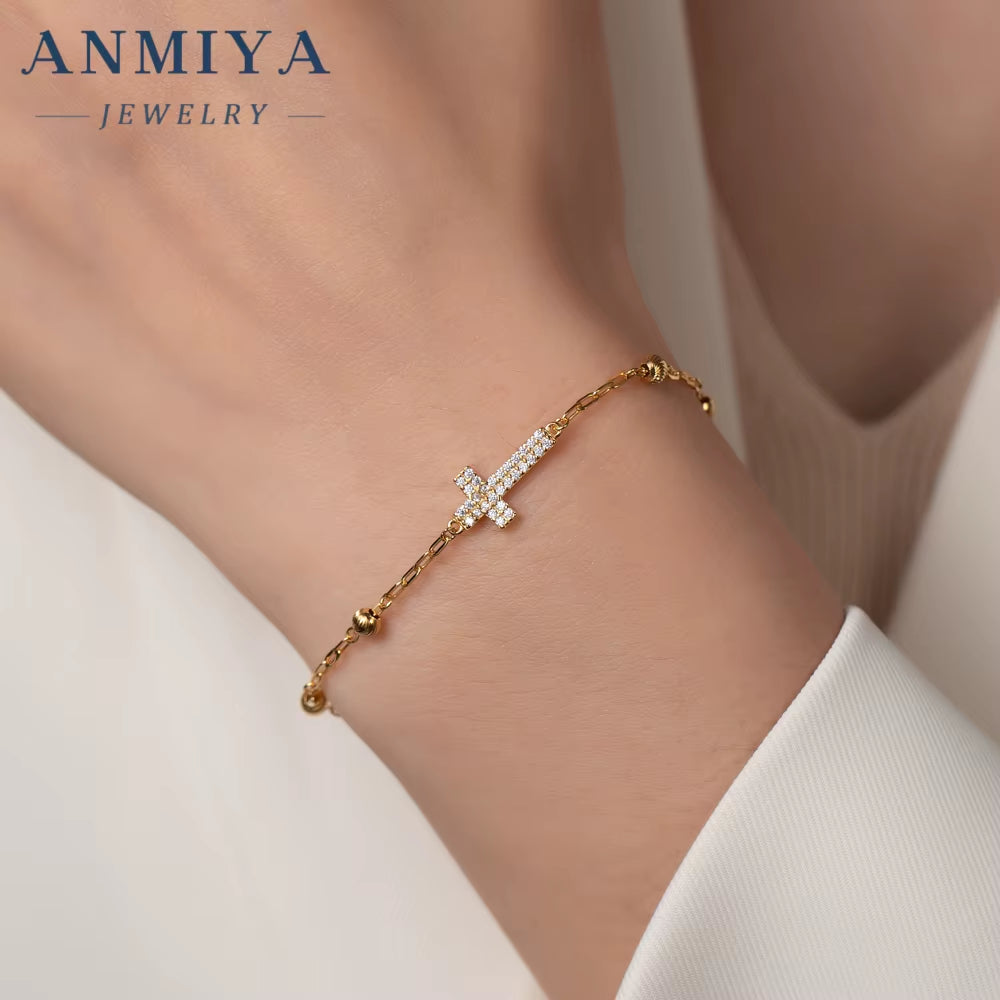 ANMIYA S925 Silver Link Chain Bracelet 18K Gold Silver Cross Christianity Gothic Bracelet