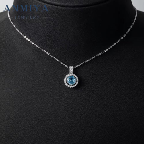 Luxury round Brilliant Cut Sky Blue Zircon 925 Silver Jewelry Fashion Necklace Women Necklace