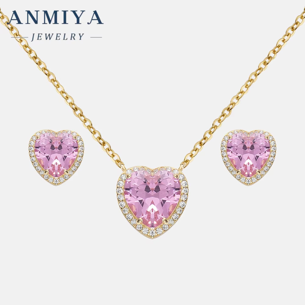 ANMIAY New Fine 925 Silver Heart Zircon Necklace Pink Crystal Stud Earrings Luxury Earrings Necklace Set for Women