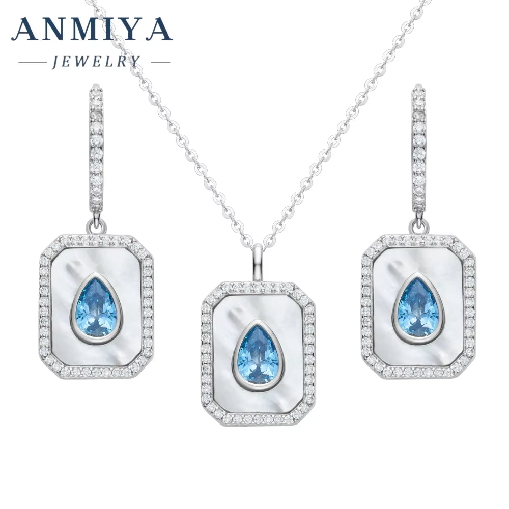 ANMIYA 925 Silver Square White Shell Blue Water Drop Zircon Hoop Earring and Necklace Jewelry Set for Gitf