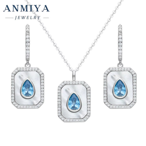 ANMIYA 925 Silver Square White Shell Blue Water Drop Zircon Hoop Earring and Necklace Jewelry Set for Gitf