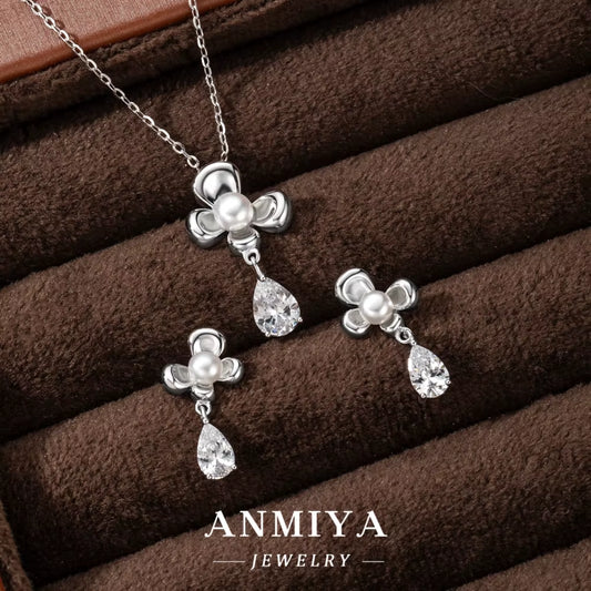 Elegant New Trendy Women'S 925 Sterling Silver Jewelry Set Zircon Gold Flower Earrings and Pearl Necklace