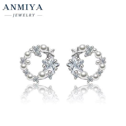 ANMIYA Unique Elegant Garland Star and Pearl Ins Fashion Jewelry Stud Earrings S925 for Bridal