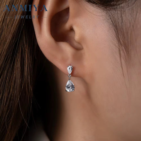 Shiny White Cubic Zirconia Water Drop Earrings for Brides Wedding Evening Party Costume Jewelry Accessories Rhodium Plated