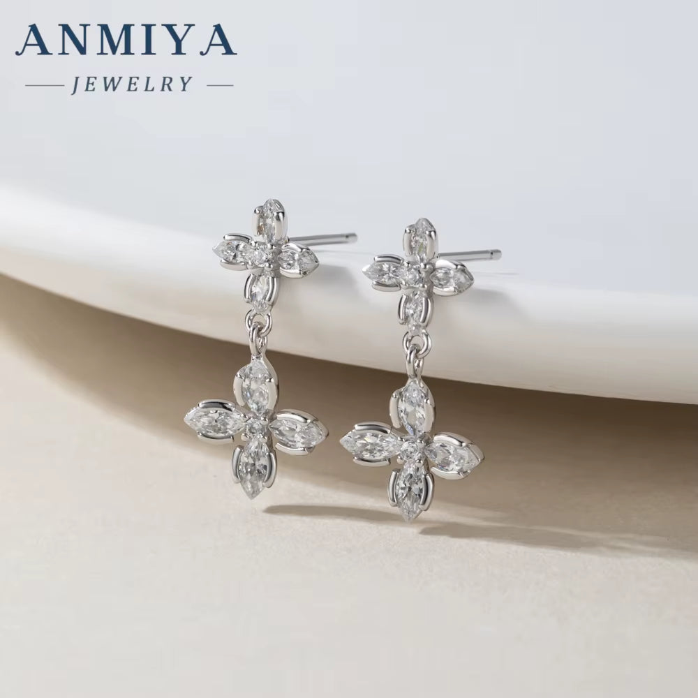 Hot Sale 925 Sterling Silver Four-Leaf Clover Flower Zircon Stud Earrings for Women Zircon Drop Earrings Jewelry