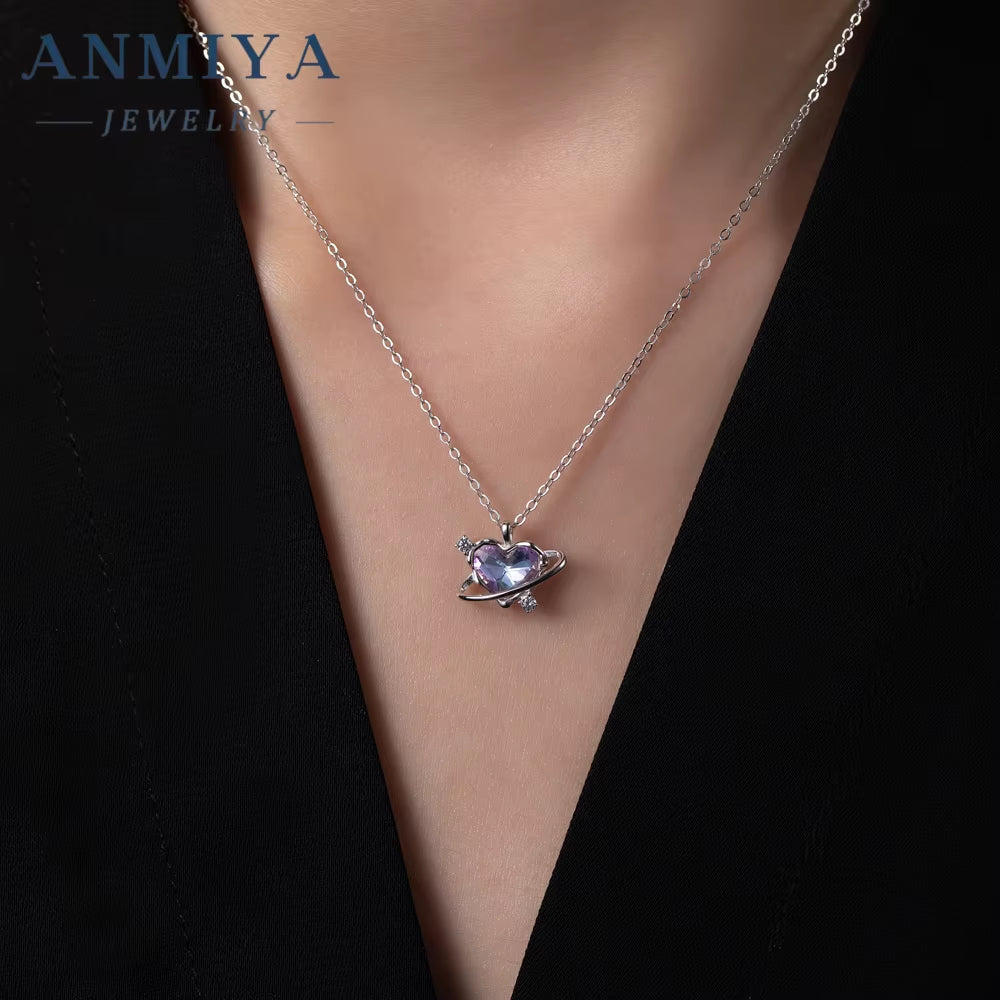 High Quality Fashion Jewelry Factory Shiny Temperament Purple Heart-Shaped Planet 925 Silver Needle Zircon Necklace