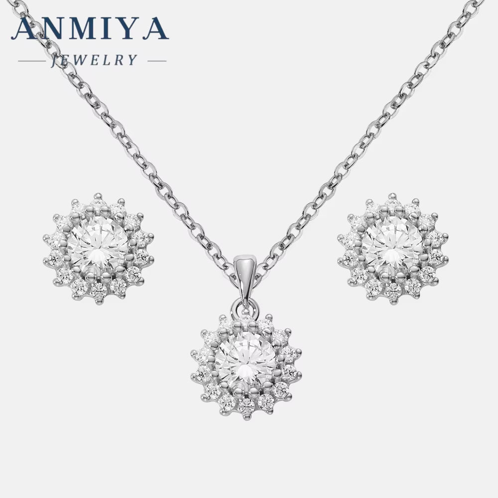ANMIYA Best Selling Fashionable Shiny round Zircon 925 Silver Accessory Jewelry Sterling 925 Necklace Earrings Set for Women