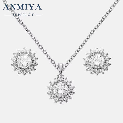 ANMIYA Best Selling Fashionable Shiny round Zircon 925 Silver Accessory Jewelry Sterling 925 Necklace Earrings Set for Women