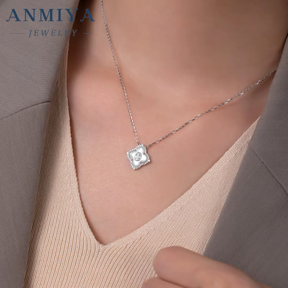 ANMIYA 925 Sterling Silver Four Leaf Clover Necklace White Shell with Zircon Customizing Jewelry Necklace