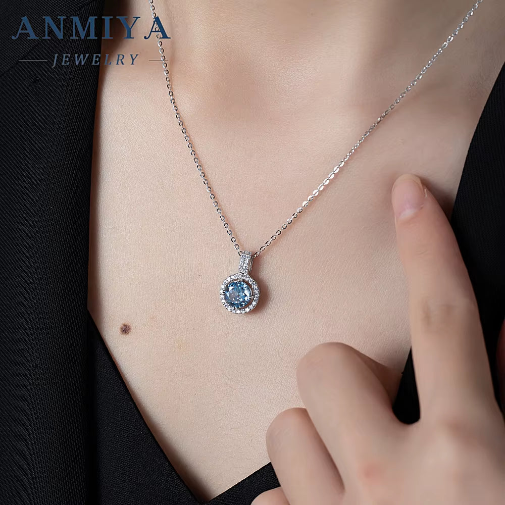 Luxury round Brilliant Cut Sky Blue Zircon 925 Silver Jewelry Fashion Necklace Women Necklace