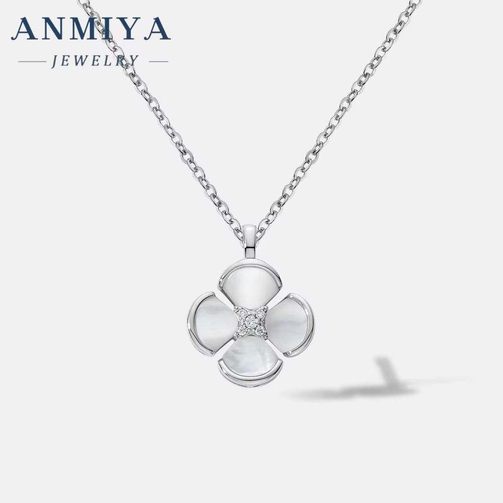 ANMIYA Fashion Charm High Quality 925 Silver Design Four Leaf Clover White Shell Necklace with Certificate